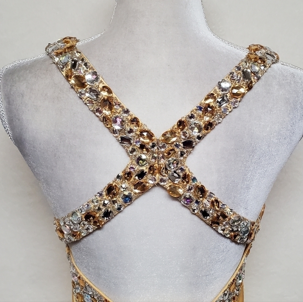 Vintage Beyond Jovani Yellow Charmeuse Shimmer V-neck Beaded Backless Maxi Dress - Picture 12 of 16